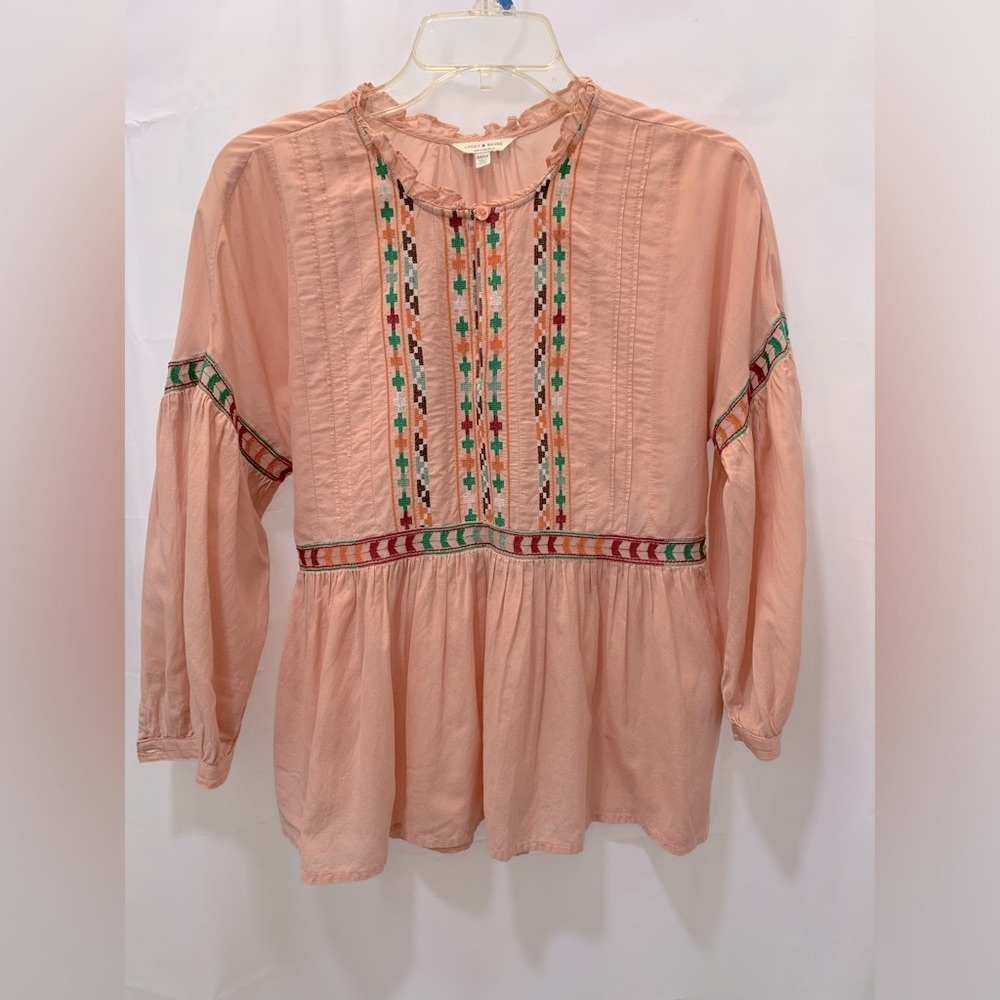 Lucky Brand Peach Boho Embroidered Peasant Blouse